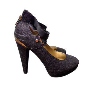 Guess Black Glitter Fabric Platform Heels With Back Zipper & Ankle Strap 8.5M